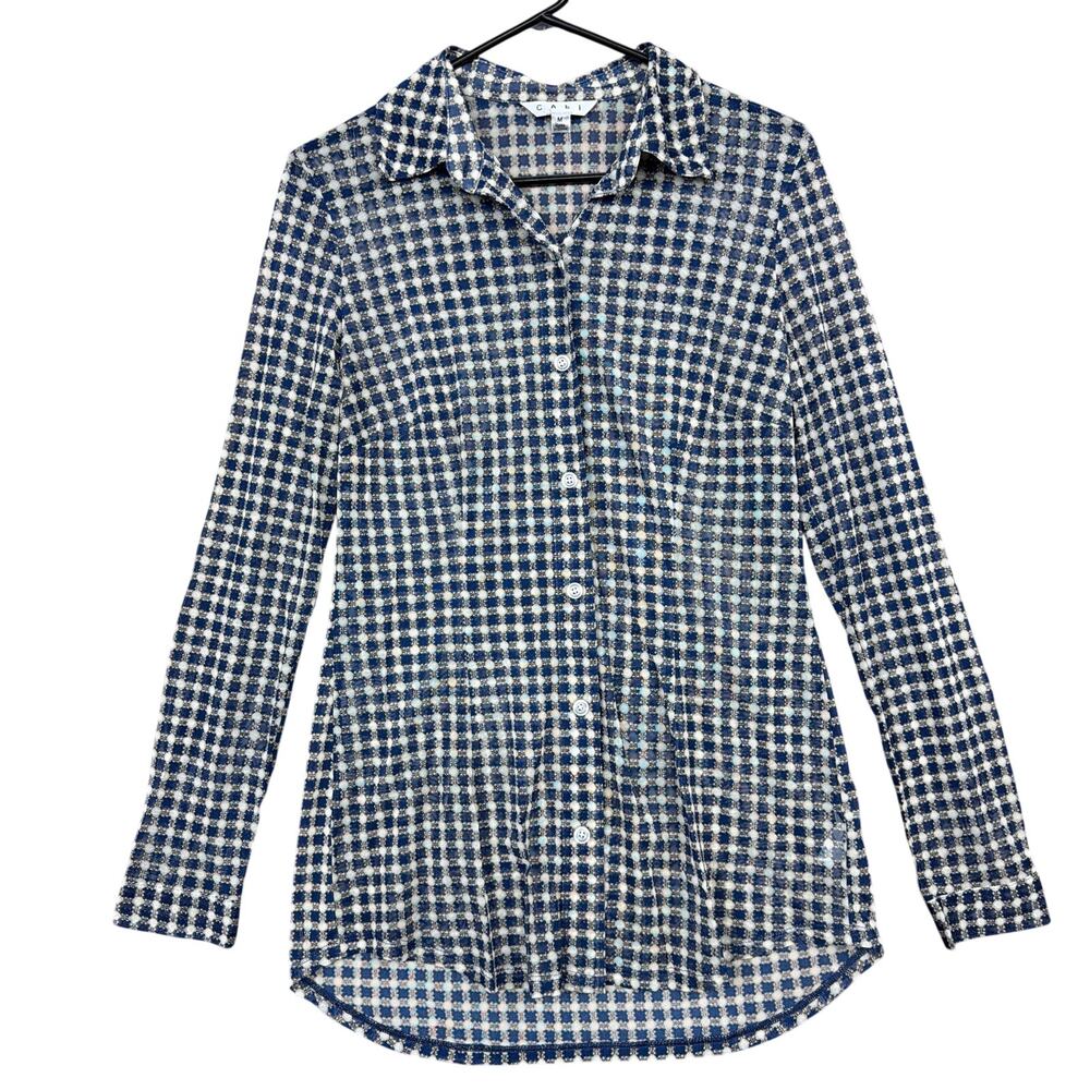 Cabi Womens Blouse Blue White Long Sleeve Mesh Geometric Button Down Medium
